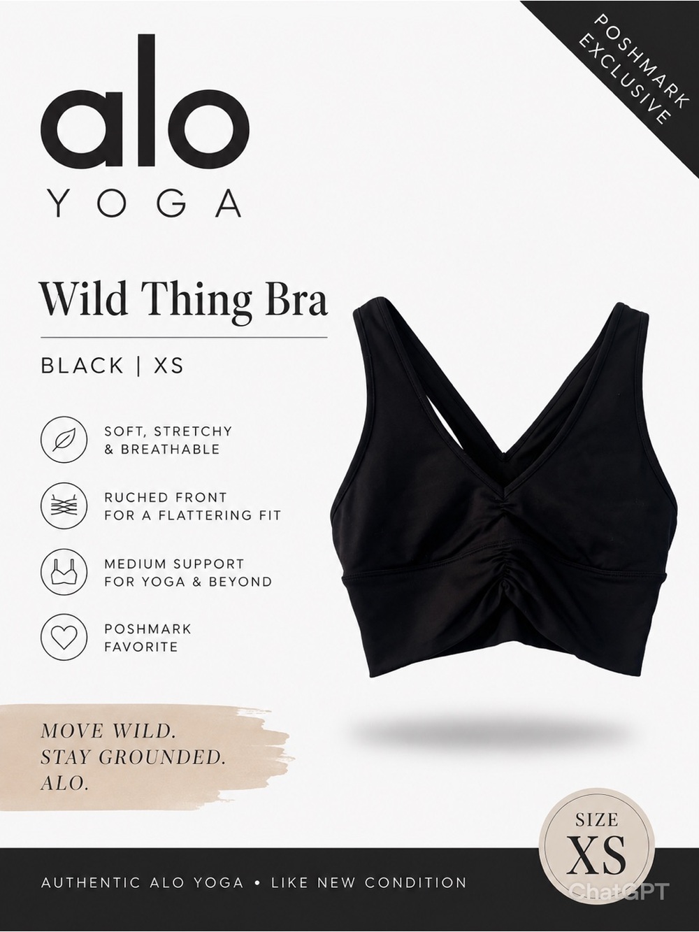 ALO Yoga Wild Thing Bra - Black in XS, like new, worn once.
